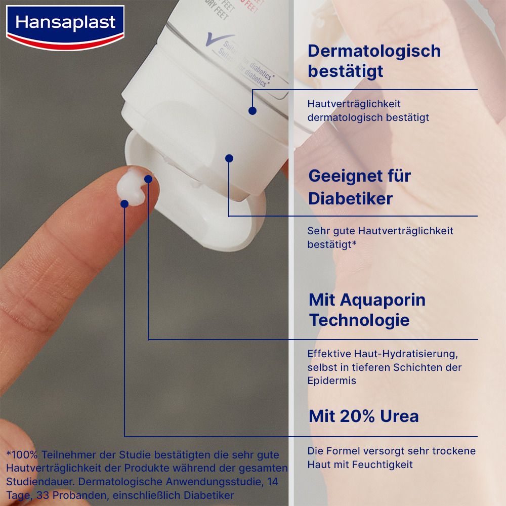 Nahaufnahme einer Tube. Text: Dermatologisch bestätigt, Geeignet für Diabetiker, Mit Aquaporin Technologie, Mit 20% Urea. Hansaplast Logo.
