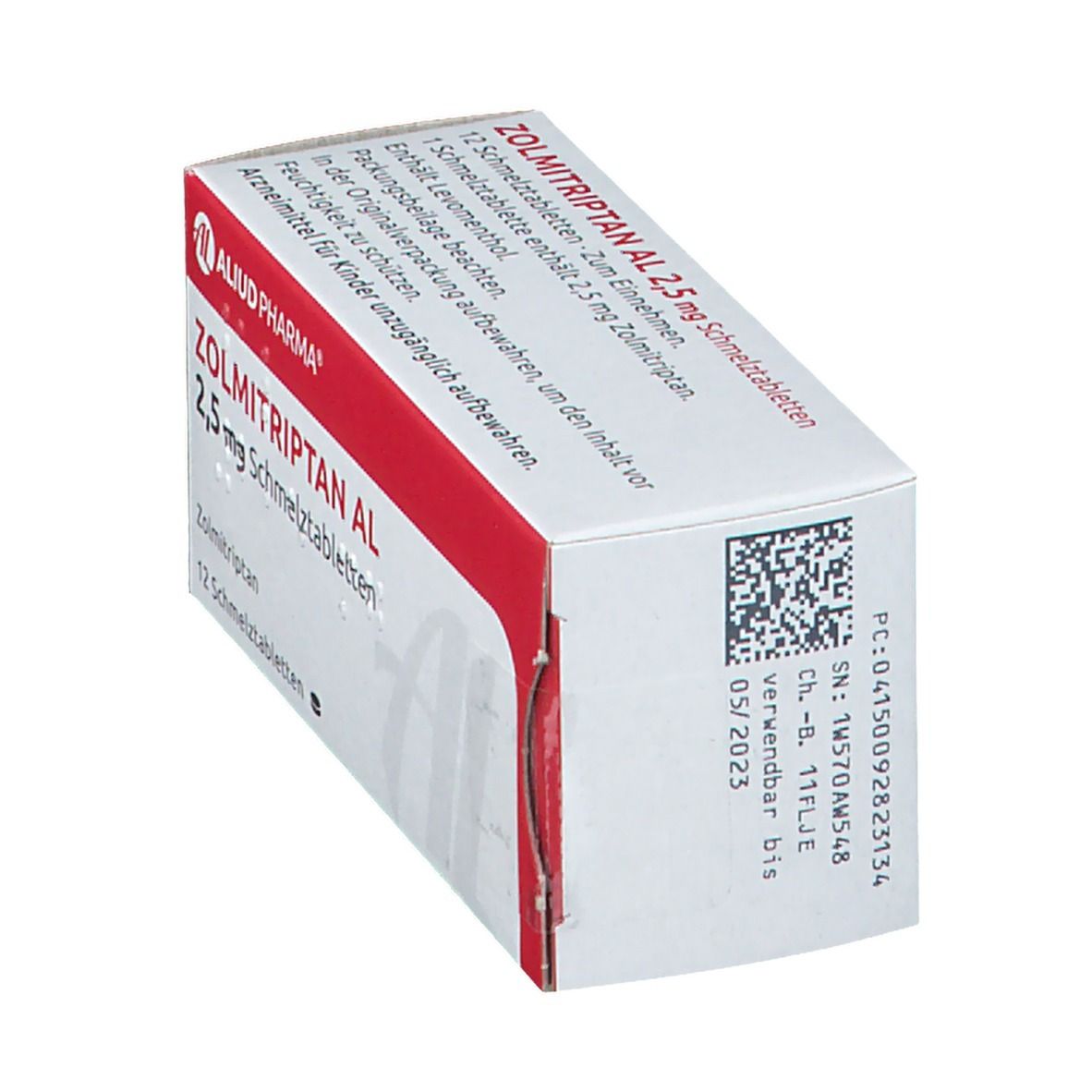 Zolmitriptan AL 2,5 mg Schmelztabletten-Packung. Rückseite der Schachtel mit Text und Barcode.