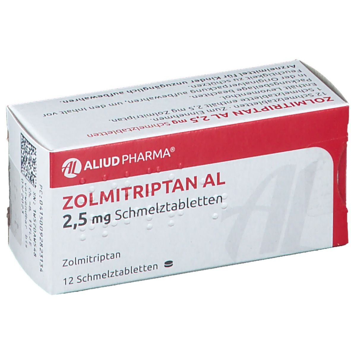 Zolmitriptan AL 2,5 mg Schmelztabletten-Packung. Geöffnete Schachtel, rote und weiße Farben, Produktname.