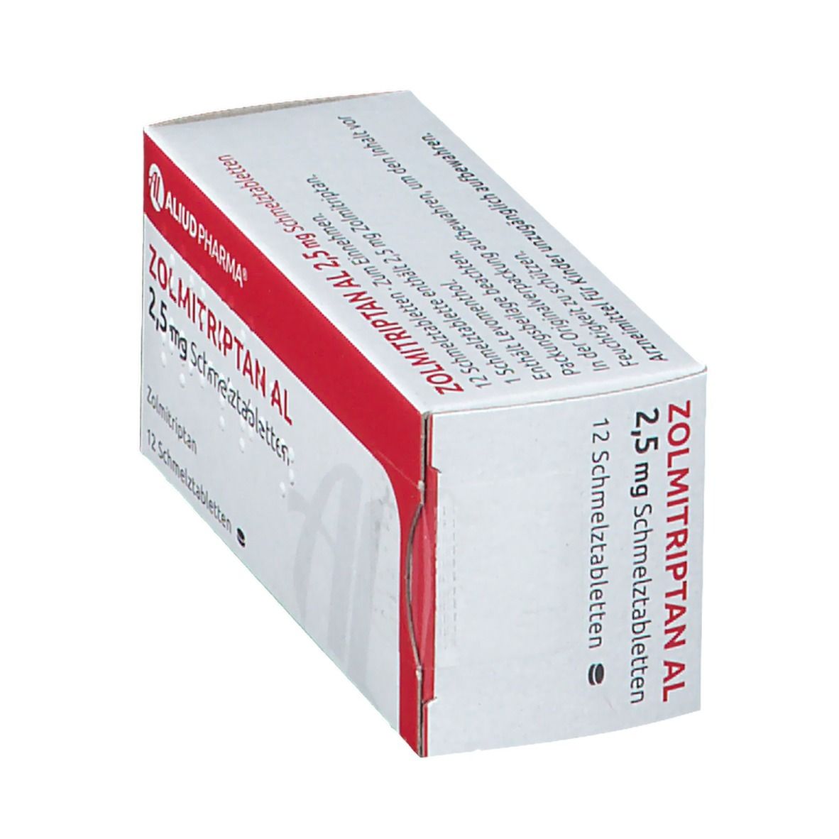 Zolmitriptan AL 2,5 mg Schmelztabletten-Packung. Geöffnete Schachtel, rote und weiße Farben, Produktname.