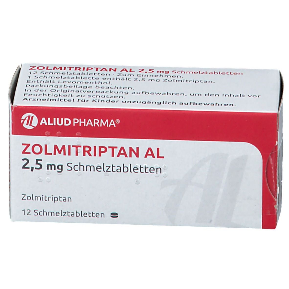 Zolmitriptan AL 2,5 mg Schmelztabletten-Packung. Geöffnete Schachtel, rote und weiße Farben, Produktname.