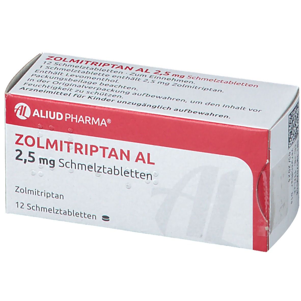 Zolmitriptan AL 2,5 mg Schmelztabletten-Packung. Geöffnete Schachtel, rote und weiße Farben, Produktname.
