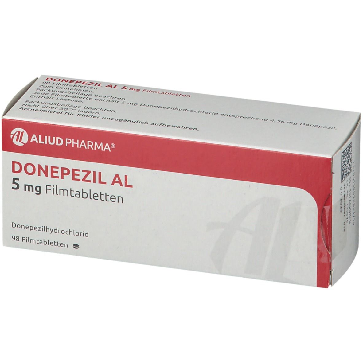 Donepezil AL 5 mg Filmtabletten Schachtel mit rotem Streifen und Logo.