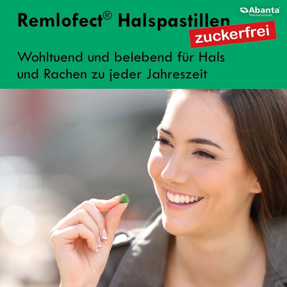 Frau hält grüne Pastille. Text: REMLOFECT® Halspastillen zuckerfrei. Wohltuend und belebend für Hals und Rachen.