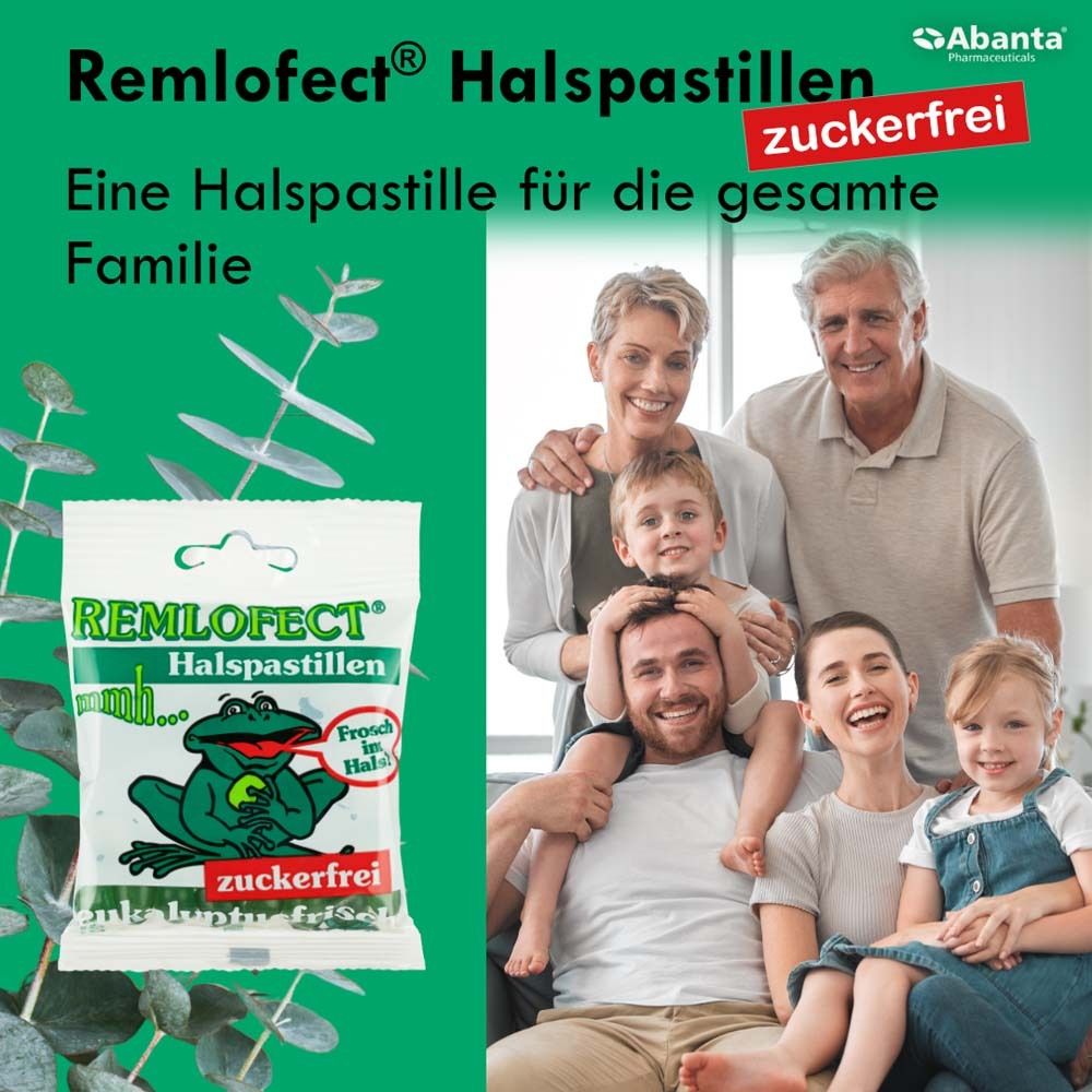 Familie mit Beutel REMLOFECT® Halspastillen zuckerfrei. Text: Eine Halspastille für die gesamte Familie.