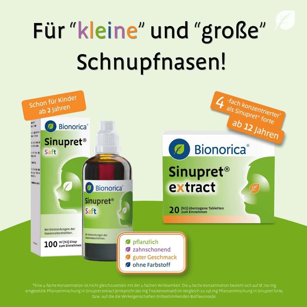 Verschiedene Sinupret® Produkte. Text: Für „kleine“ und „große“ Schnupfnasen!