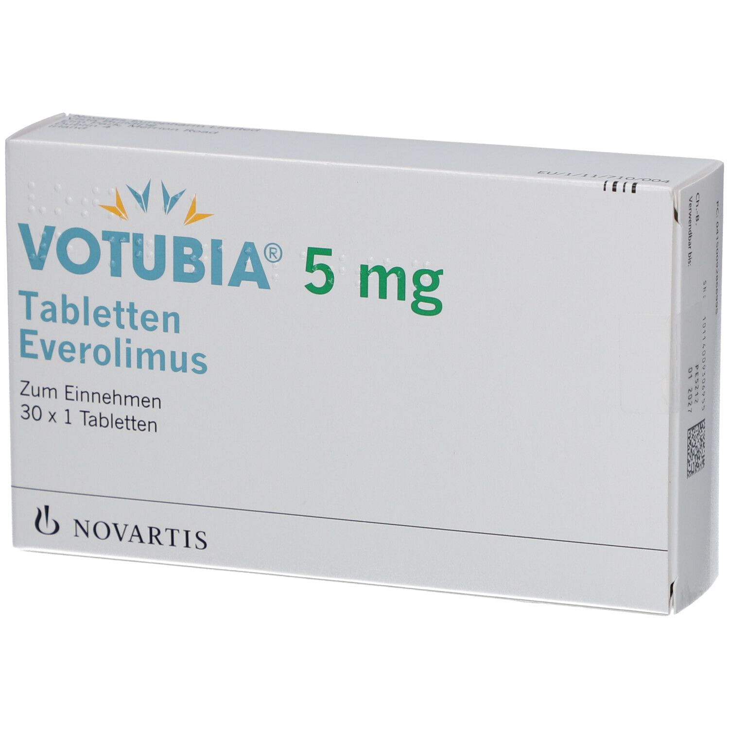 Votubia 5 mg Tabletten-Packung. Everolimus. 30 Tabletten. Novartis-Logo.
