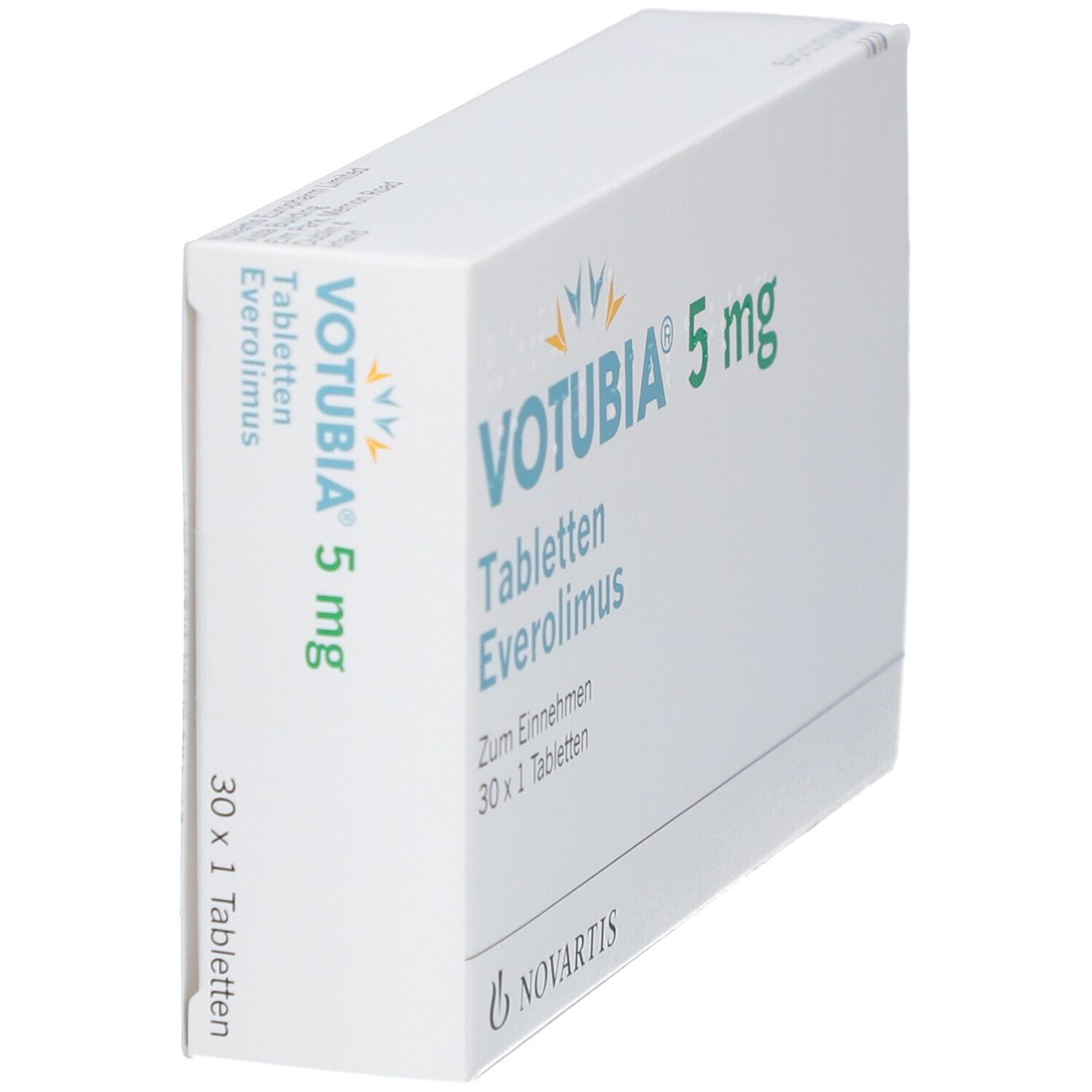 Votubia 5 mg Tabletten-Packung. Everolimus. 30 Tabletten. Novartis-Logo.