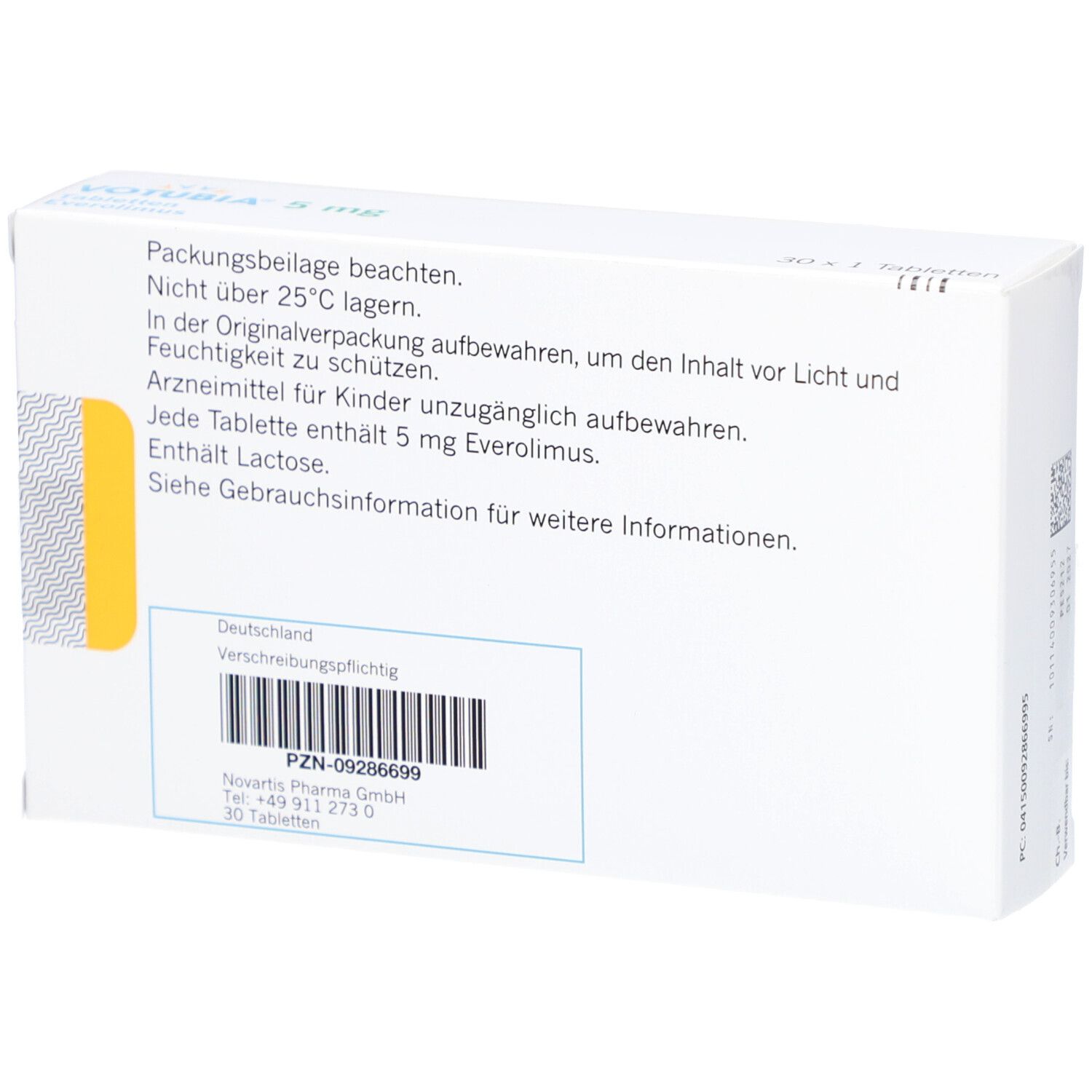 Rückseite der Votubia 5 mg Packung. Textinformationen, Barcode, Novartis-Adresse.