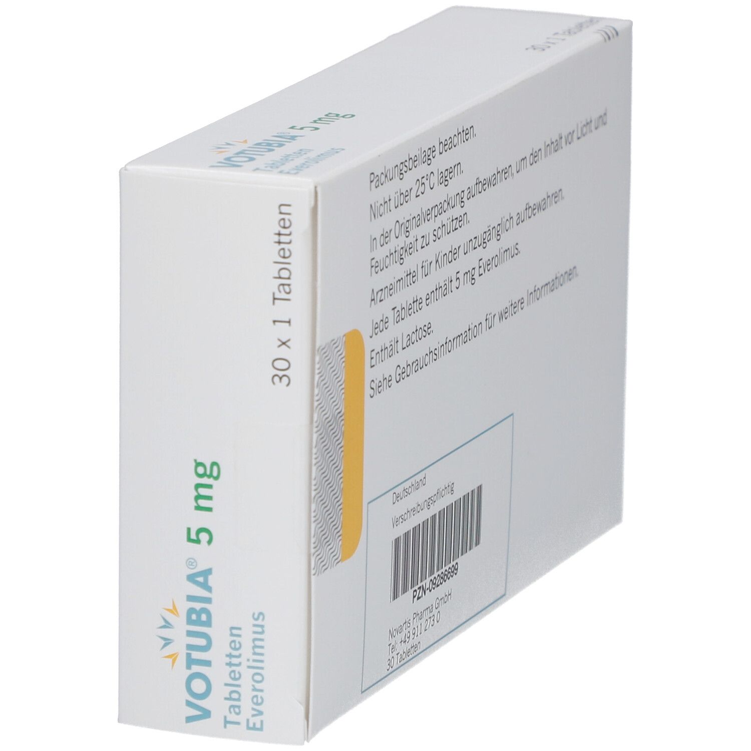 Votubia 5 mg Tabletten-Packung. Everolimus. 30 Tabletten. Novartis-Logo.