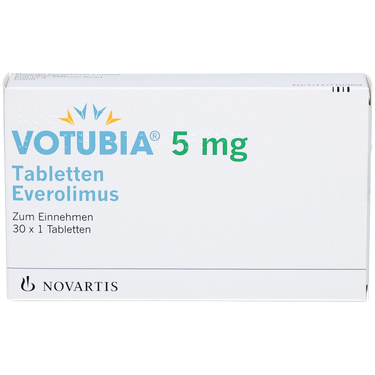 Votubia 5 mg Tabletten-Packung. Everolimus. 30 Tabletten. Novartis-Logo.