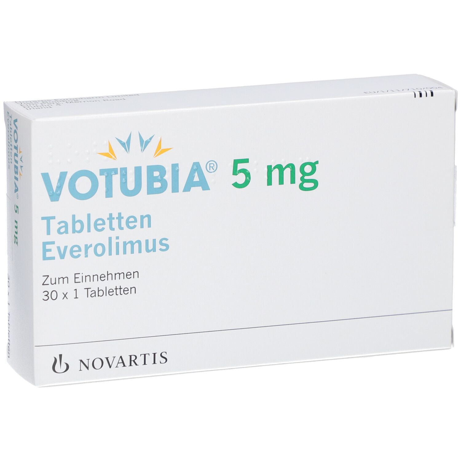 Votubia 5 mg Tabletten-Packung. Everolimus. 30 Tabletten. Novartis-Logo.