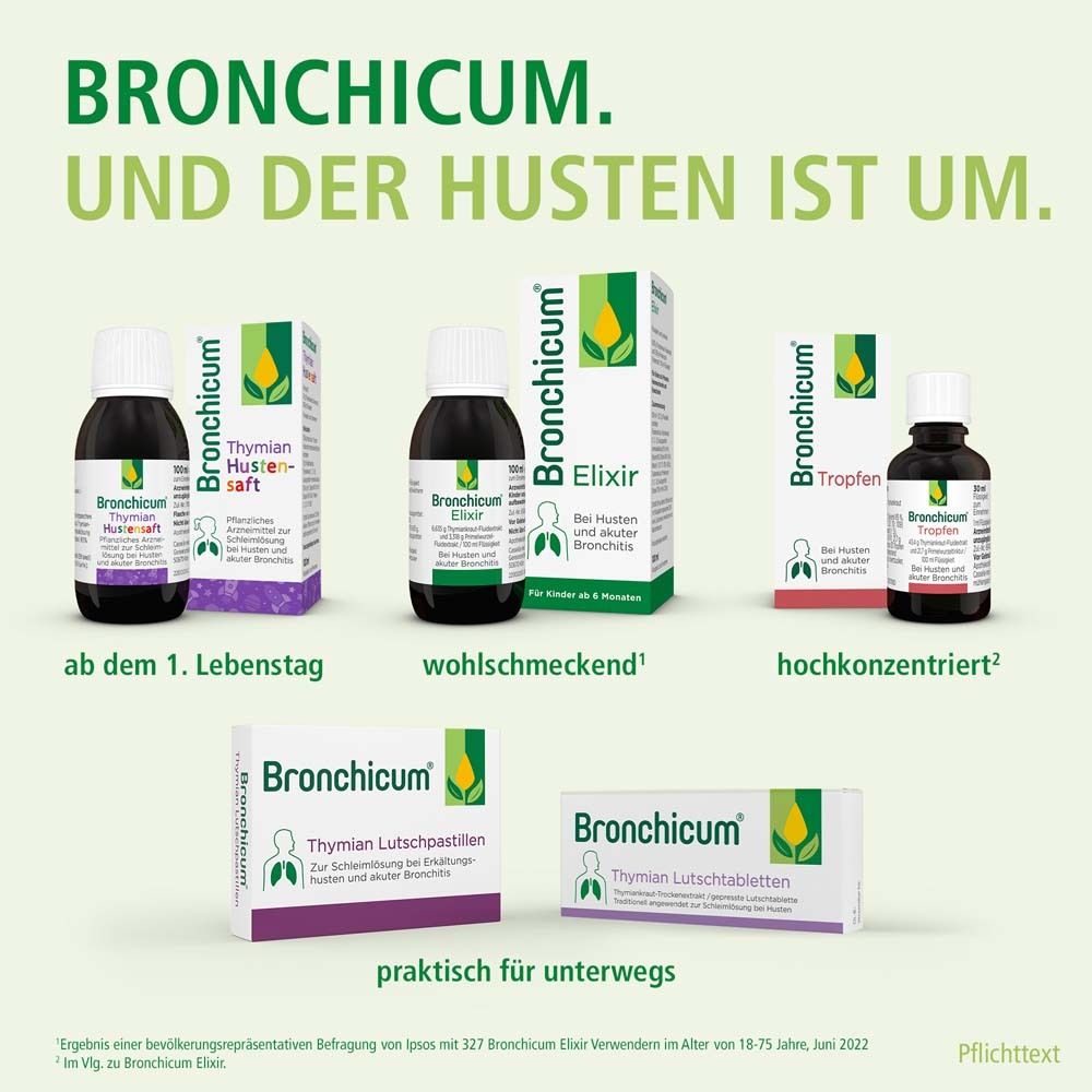 Verschiedene "Bronchicum" Produkte. Hustensaft, Elixier, Tropfen und Lutschtabletten. Text.