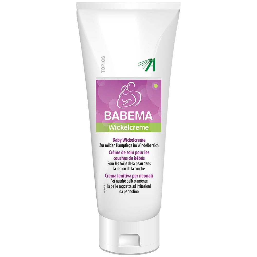 Weiße Tube mit Produktnamen BABEMA Wickelcreme. Lila und grüne Elemente. Text in Deutsch, Französisch, Italienisch.