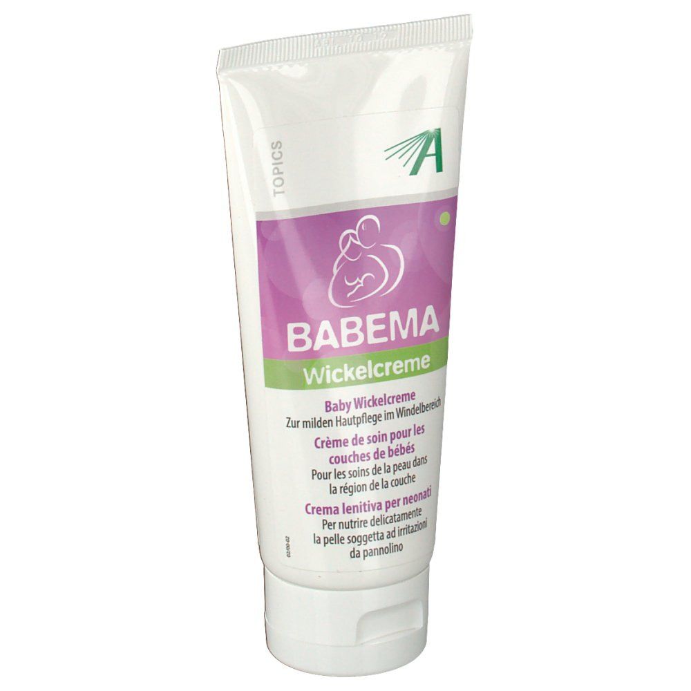 Weiße Tube mit Produktnamen BABEMA Wickelcreme. Lila und grüne Elemente. Text in Deutsch, Französisch, Italienisch.