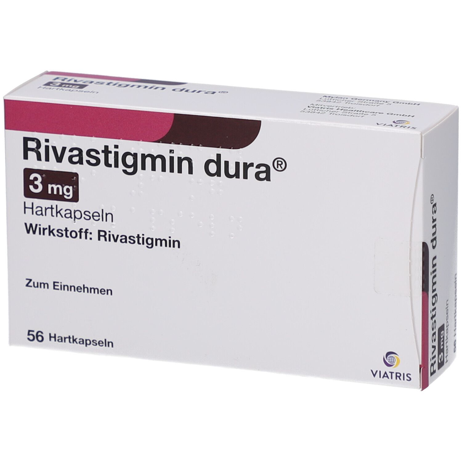 Weiße Faltschachtel mit Aufschrift RIVASTIGMIN dura 3 mg Hartkapseln. 56 Hartkapseln. Viatris Logo.