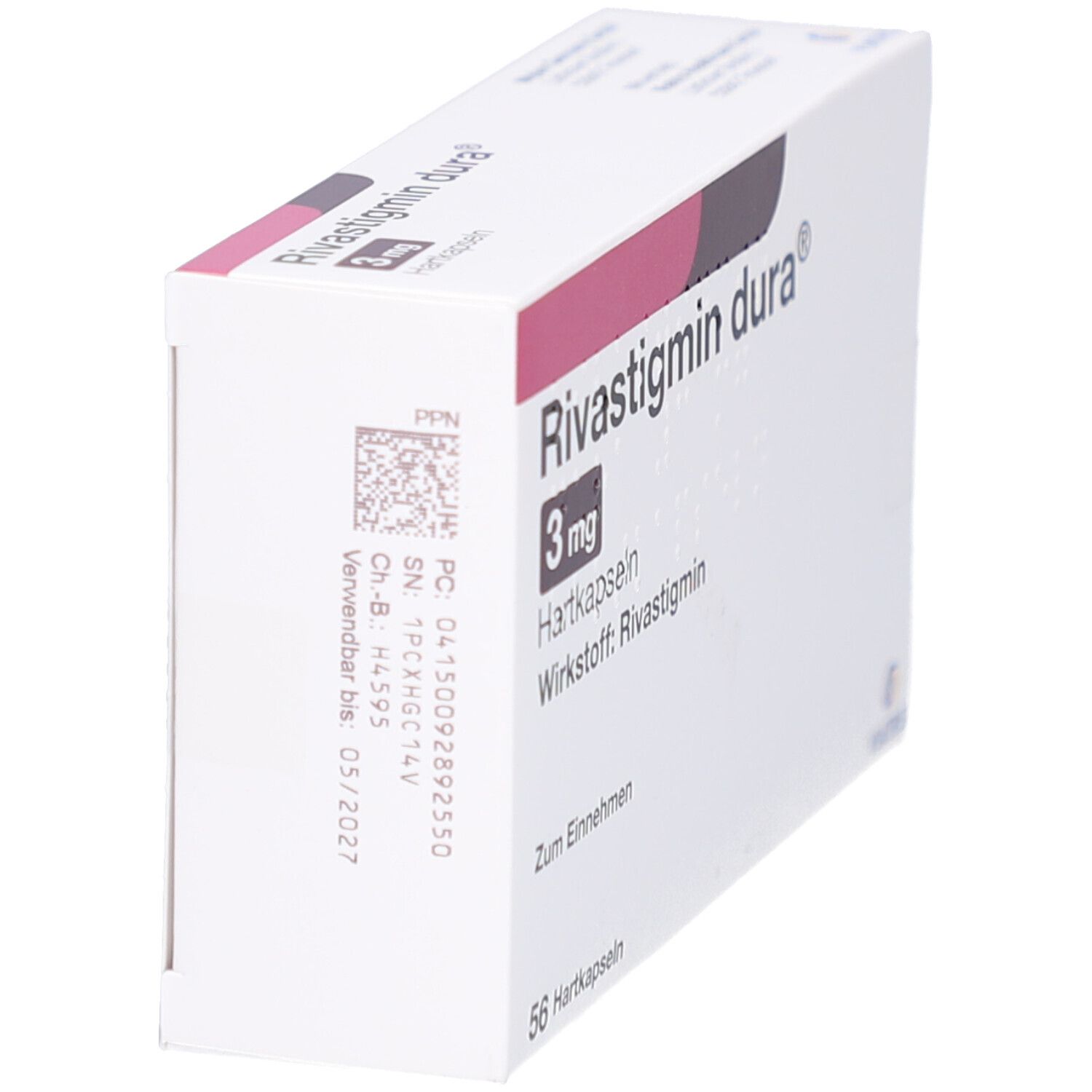 Weiße Faltschachtel mit Aufschrift RIVASTIGMIN dura 3 mg Hartkapseln. Barcode und Verfallsdatum.