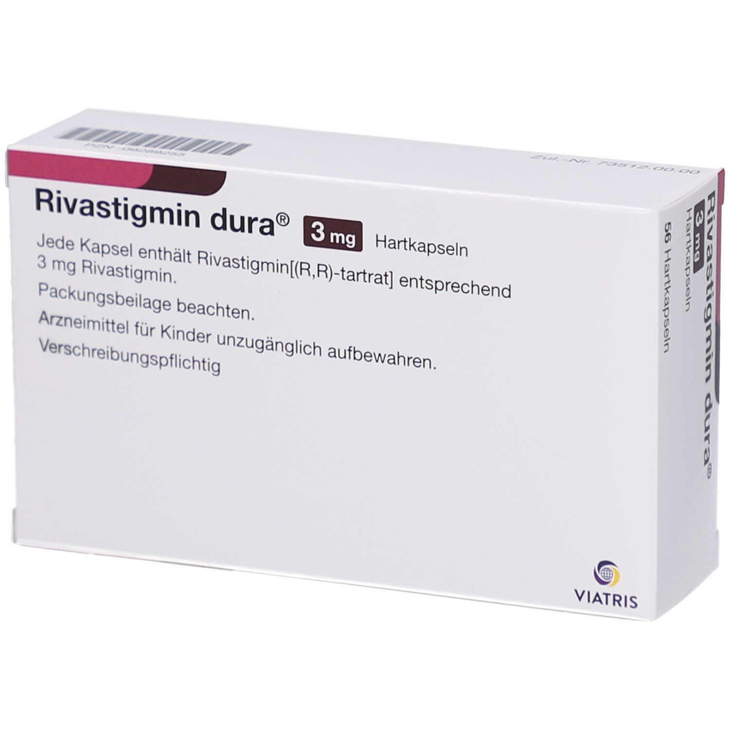 Weiße Faltschachtel mit Aufschrift RIVASTIGMIN dura 3 mg Hartkapseln. Textinformationen und Viatris Logo.