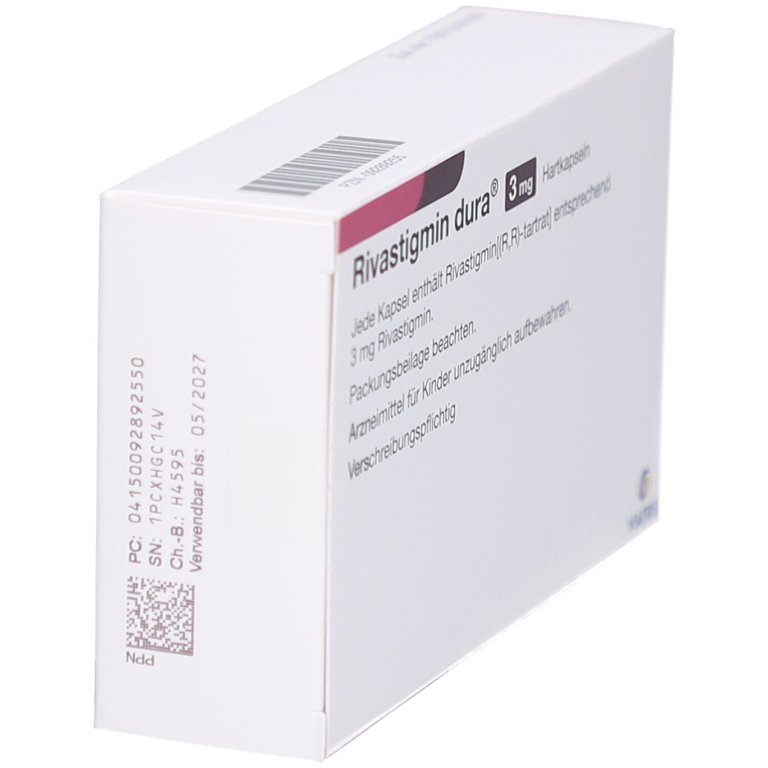 Weiße Faltschachtel mit Aufschrift RIVASTIGMIN dura 3 mg Hartkapseln. Barcode und Textinformationen.