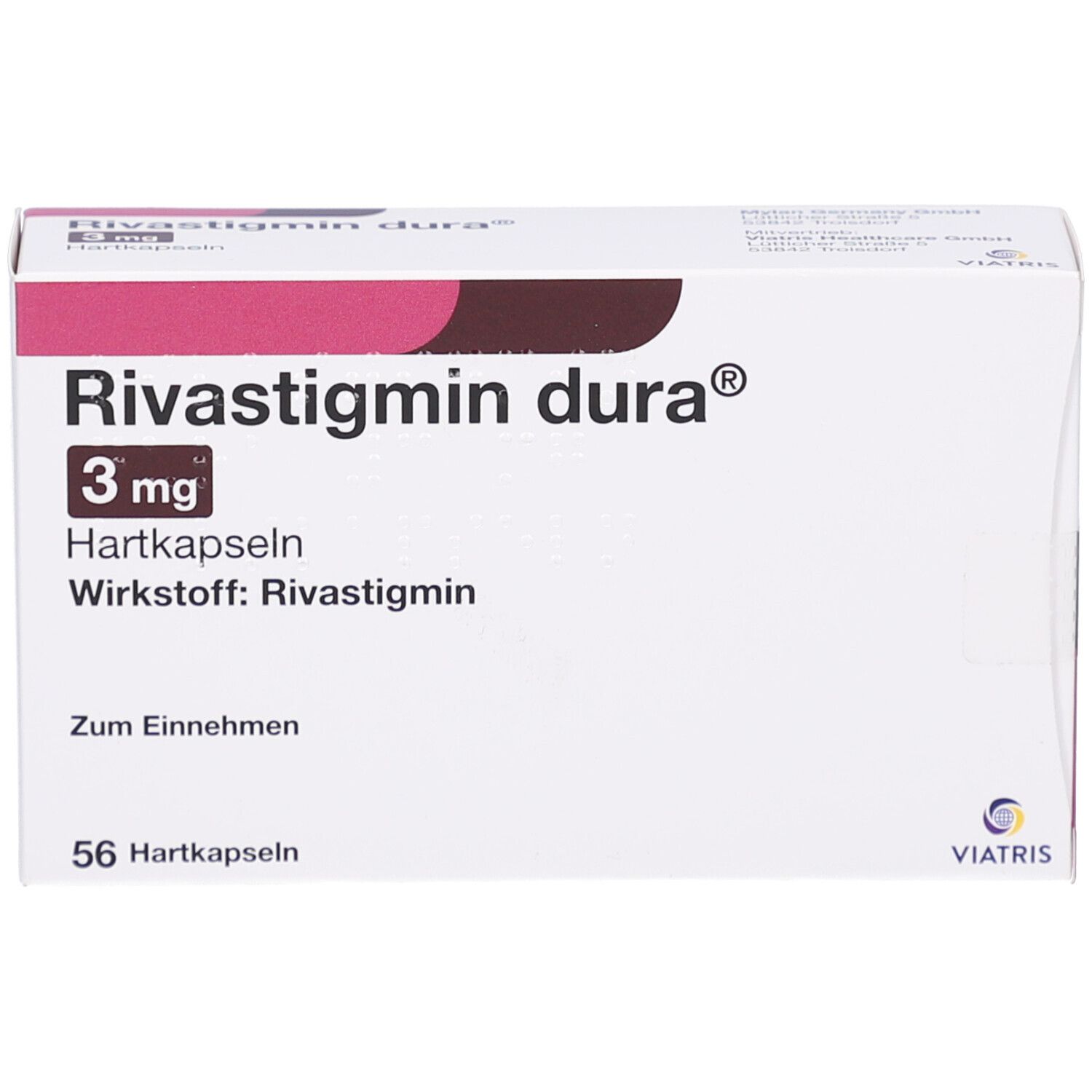Weiße Faltschachtel mit Aufschrift RIVASTIGMIN dura 3 mg Hartkapseln. 56 Hartkapseln. Viatris Logo.