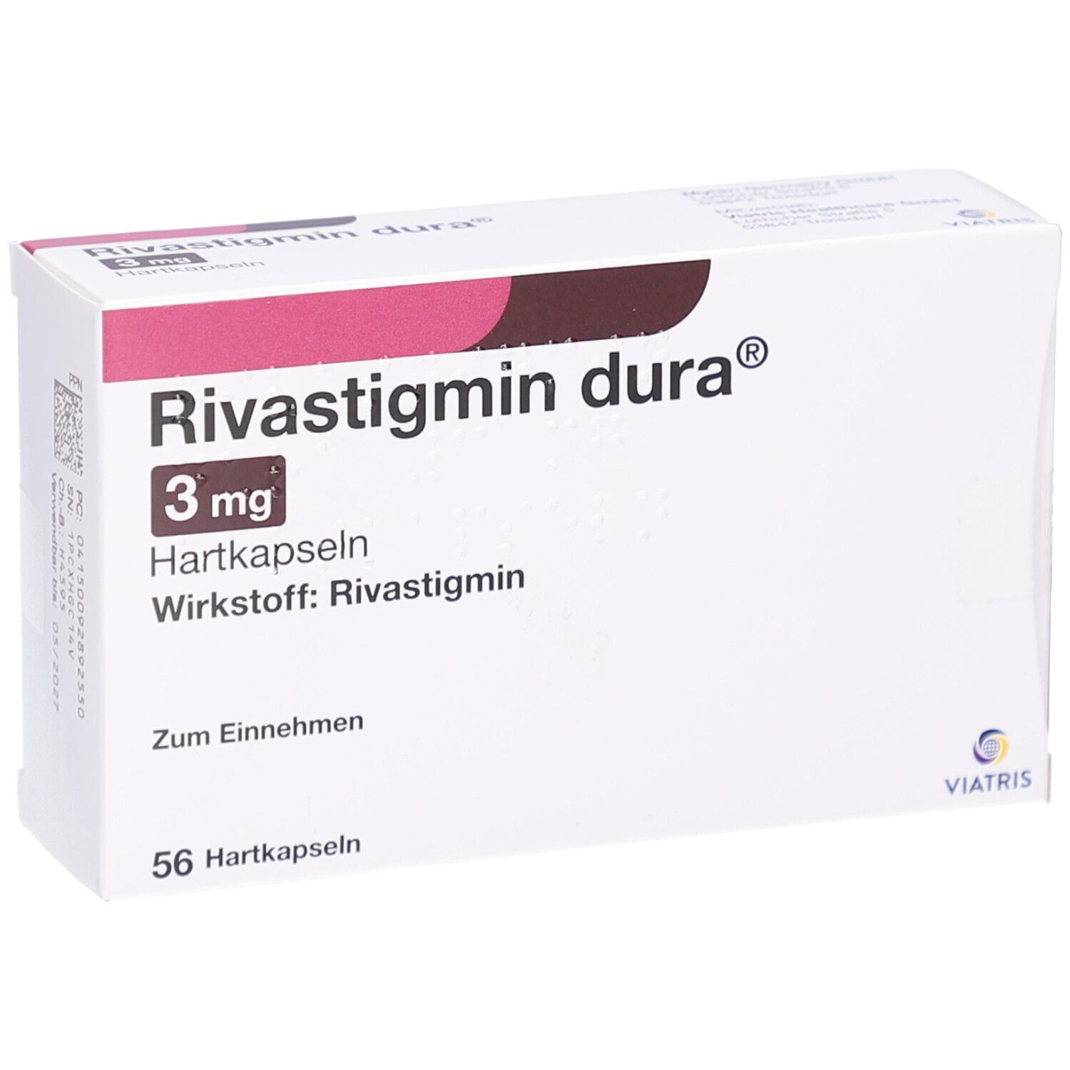 Weiße Faltschachtel mit Aufschrift RIVASTIGMIN dura 3 mg Hartkapseln. 56 Hartkapseln. Viatris Logo.