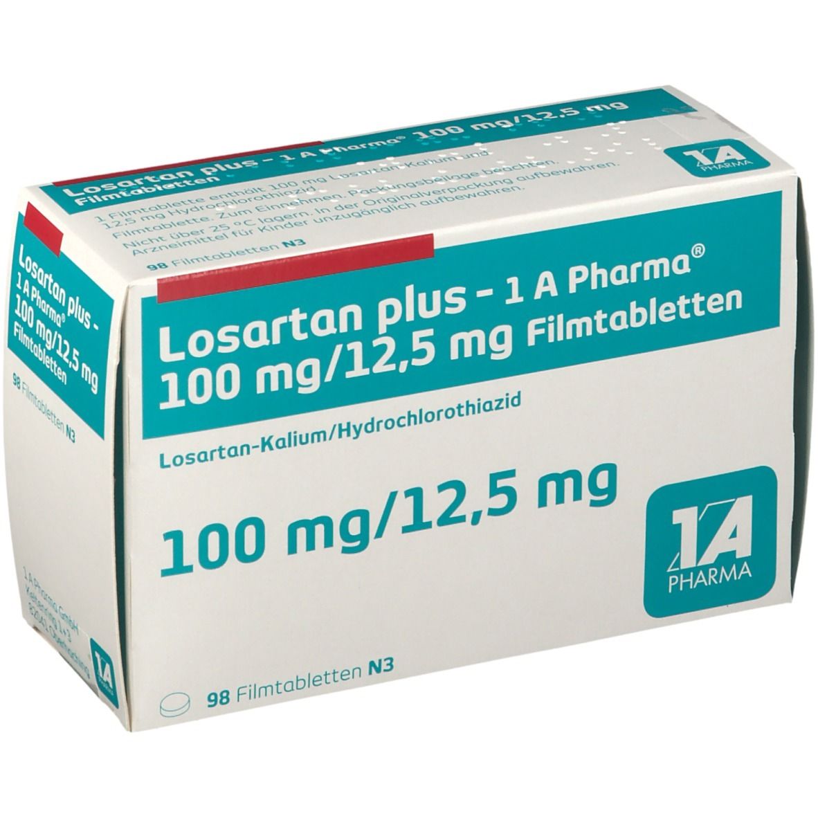 Schachtel mit Losartan plus - 1 A Pharma 100 mg/12,5 mg Filmtabletten. Aufschrift: 100 mg/12,5 mg, 98 Filmtabletten N3.