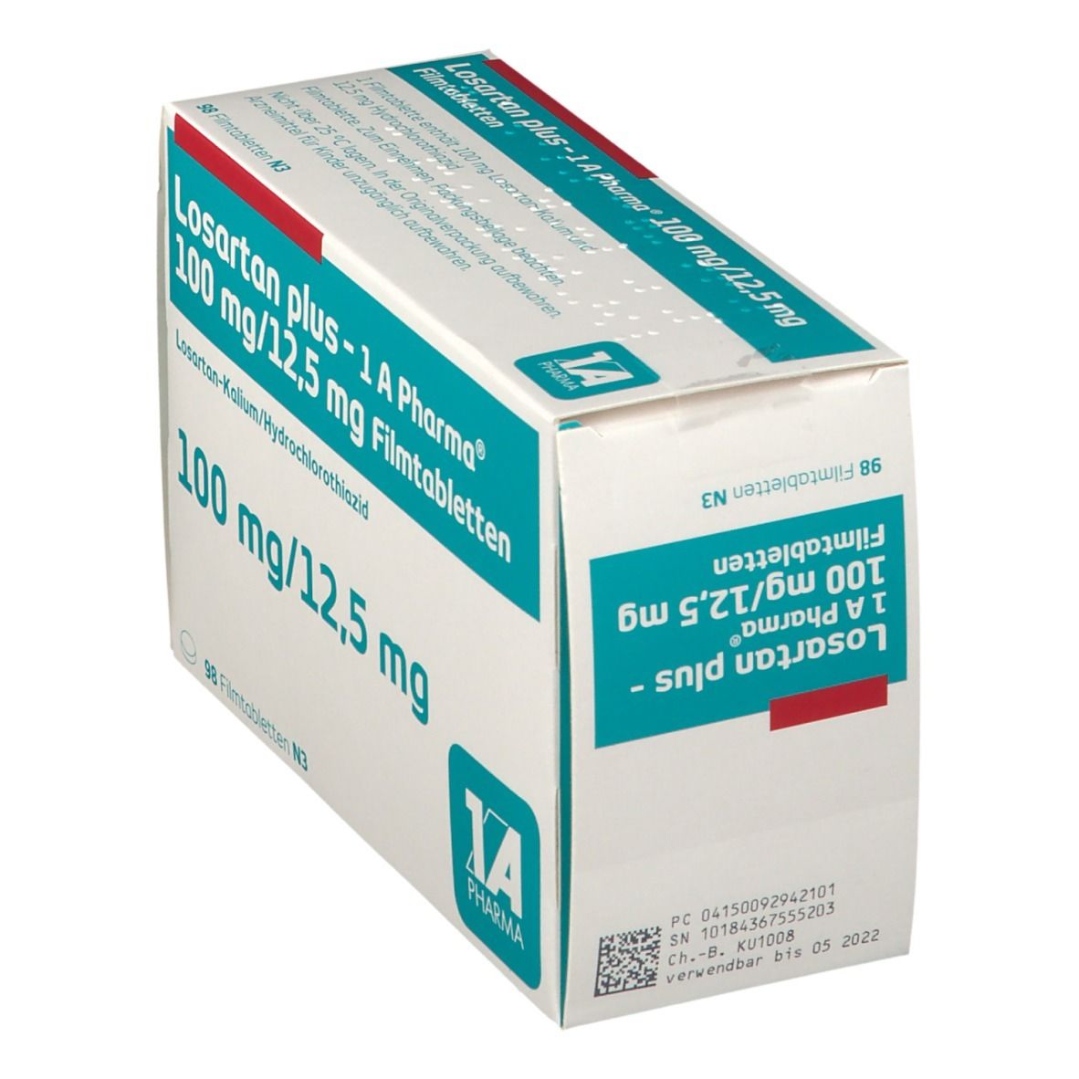 Schräg gestellte Schachtel mit Losartan plus - 1 A Pharma 100 mg/12,5 mg Filmtabletten. Aufschrift: 100 mg/12,5 mg, 98 Filmtabletten N3.