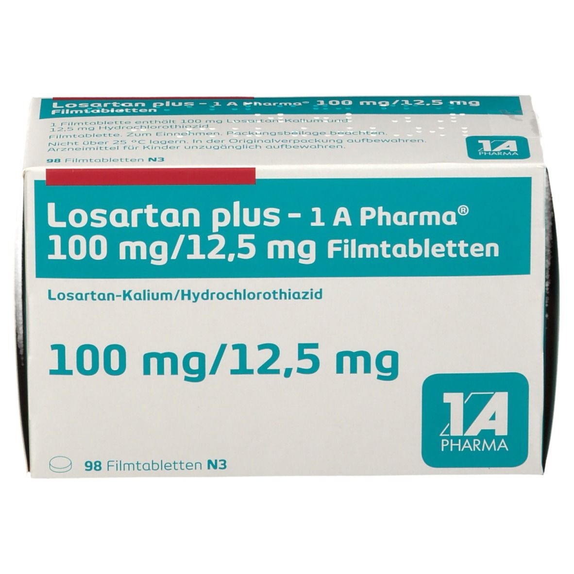 Schachtel mit Losartan plus - 1 A Pharma 100 mg/12,5 mg Filmtabletten. Aufschrift: 100 mg/12,5 mg, 98 Filmtabletten N3.
