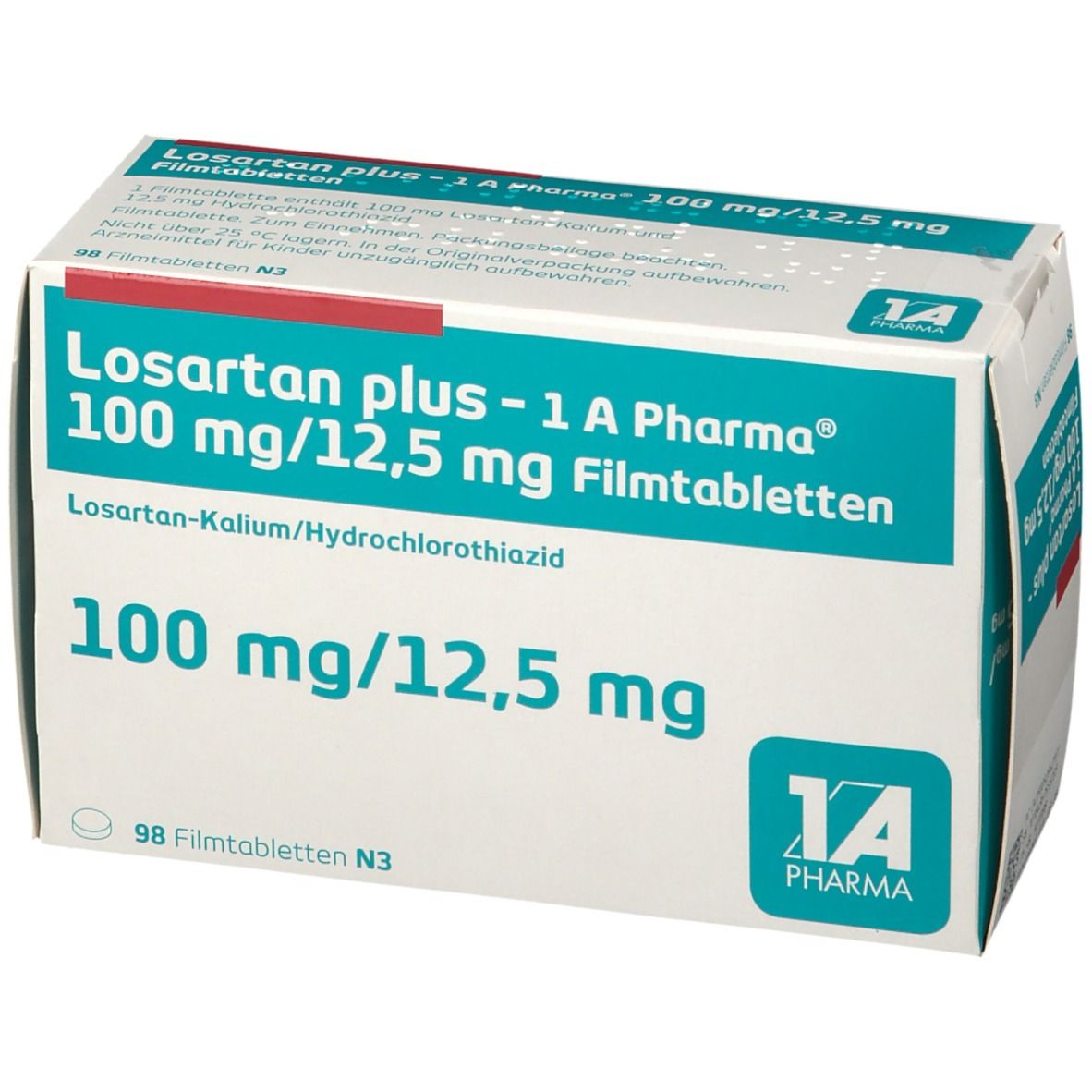 Schachtel mit Losartan plus - 1 A Pharma 100 mg/12,5 mg Filmtabletten. Aufschrift: 100 mg/12,5 mg, 98 Filmtabletten N3.
