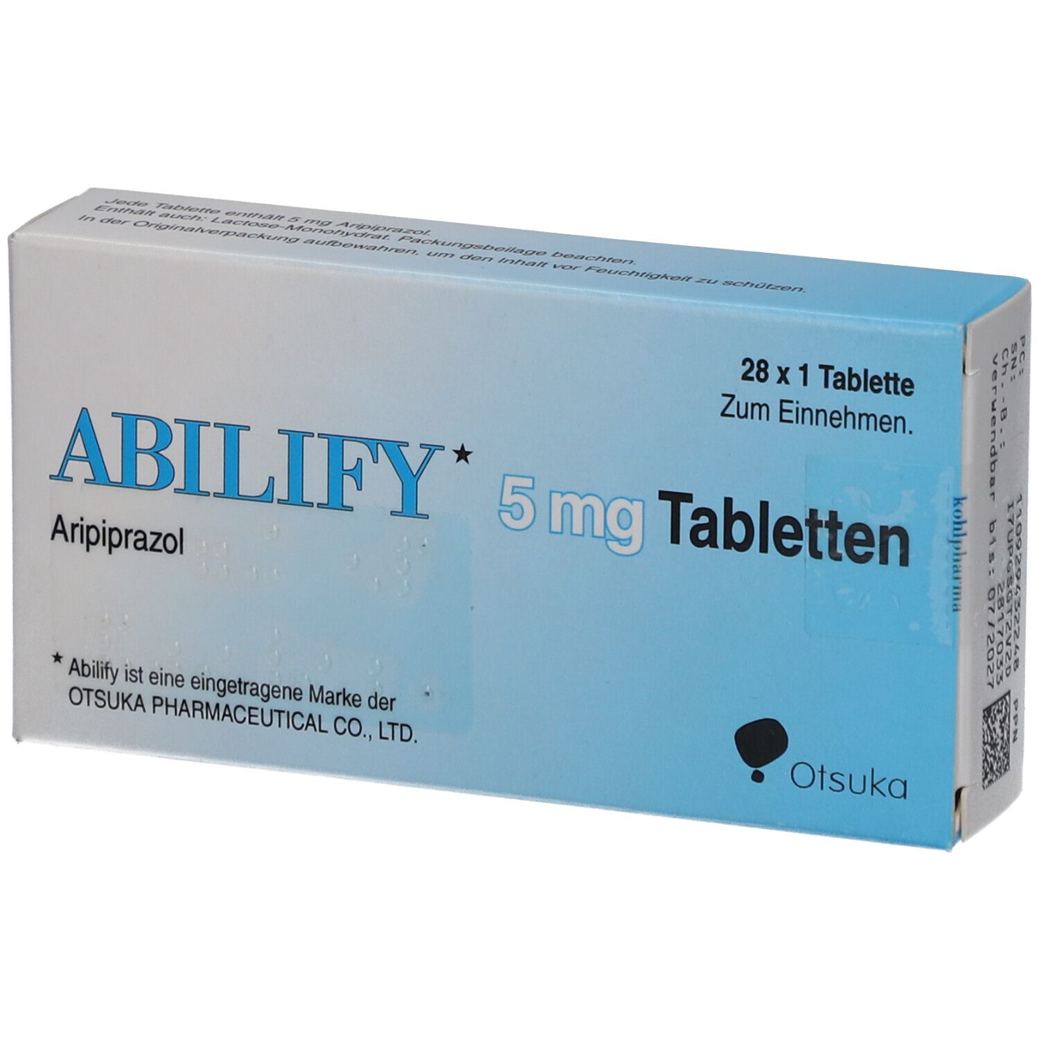 Schachtel mit ABILIFY 5 mg Tabletten. Aufschrift: 28 x 1 Tablette. Hersteller: Otsuka.