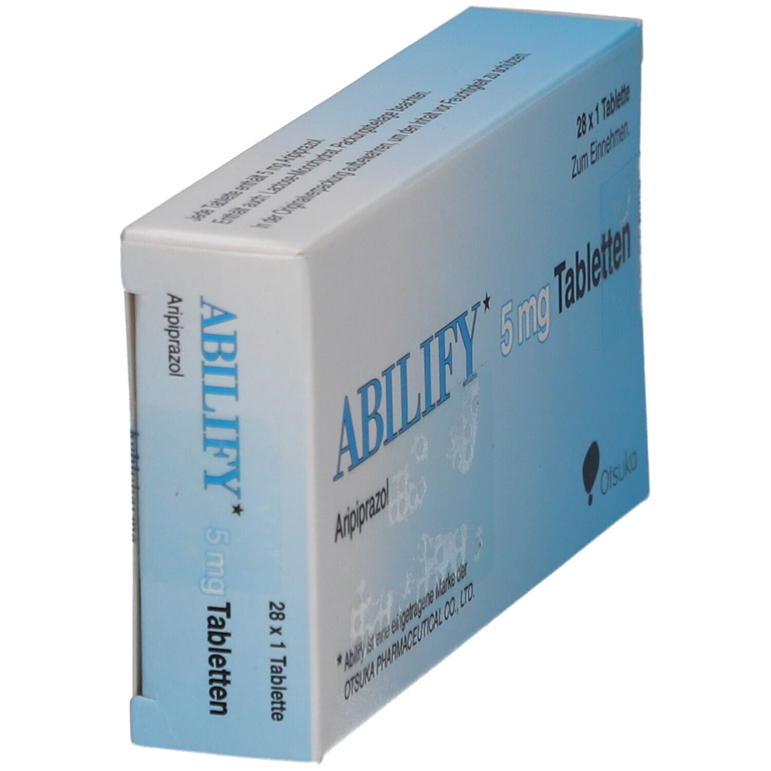 Schräg gestellte Schachtel mit ABILIFY 5 mg Tabletten. Aufschrift: 28 x 1 Tablette. Hersteller: Otsuka.