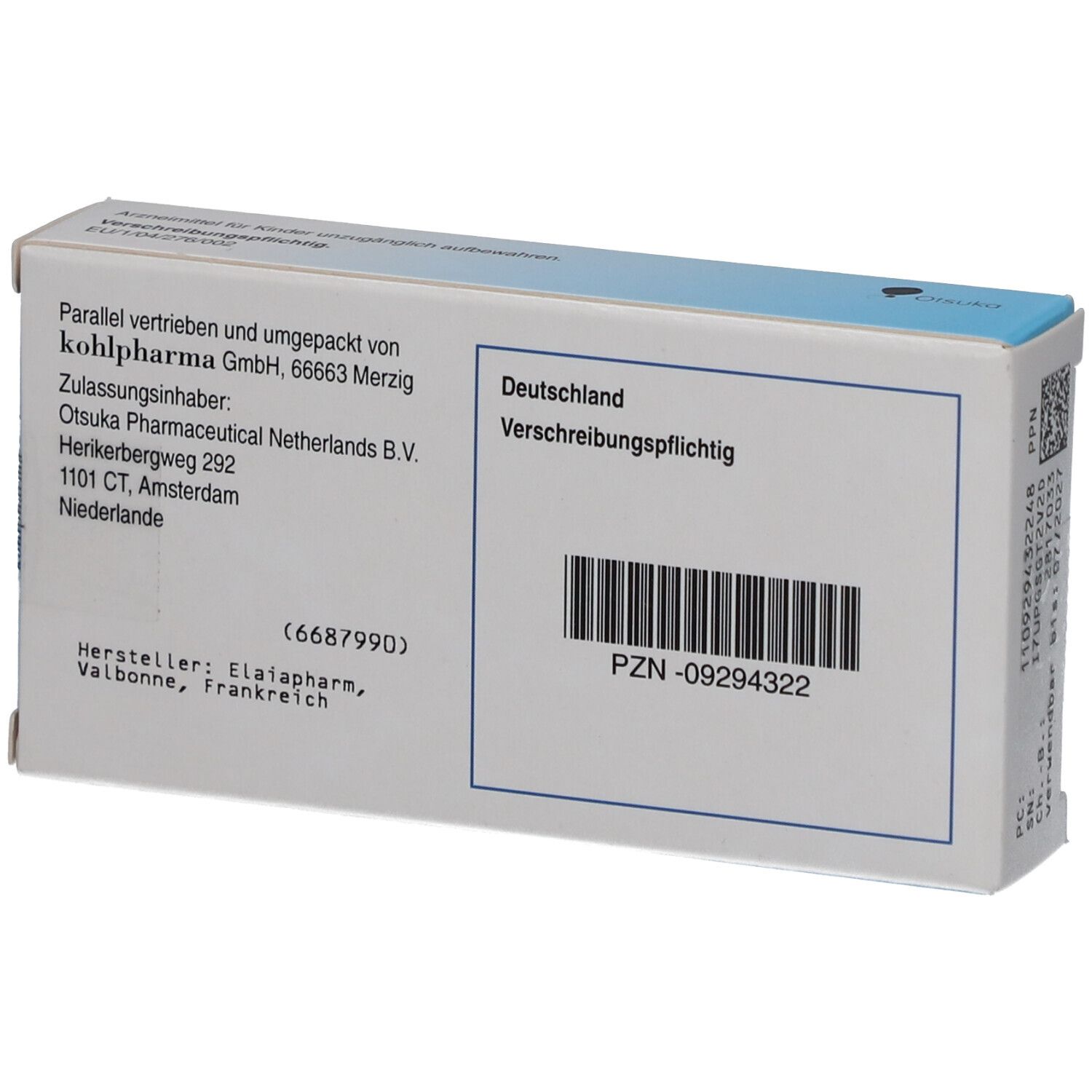Rückseite der ABILIFY 5 mg Tabletten-Schachtel. Angaben zu Hersteller, Vertrieb und PZN-Nummer.