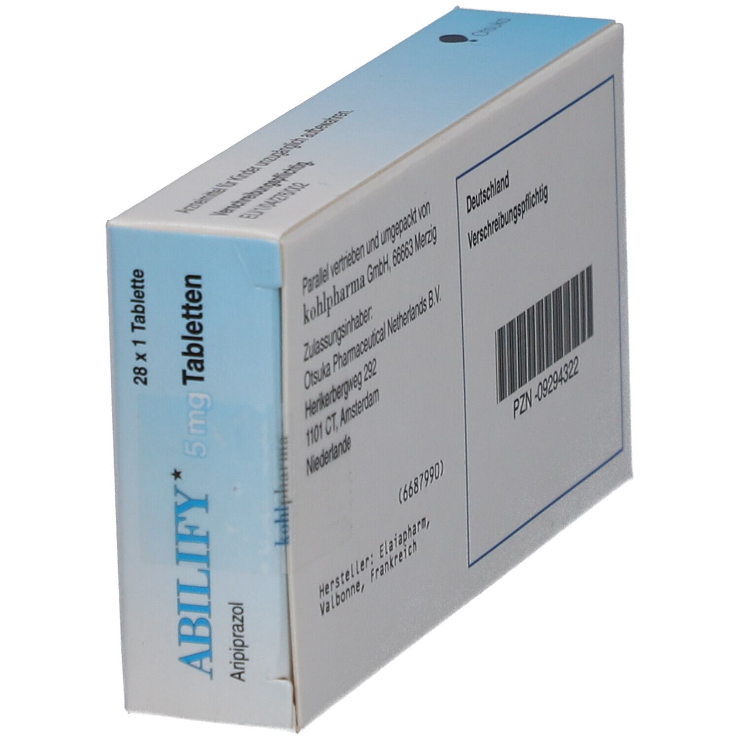 Schräg gestellte Rückseite der ABILIFY 5 mg Tabletten-Schachtel. Angaben zu Hersteller, Vertrieb und PZN.