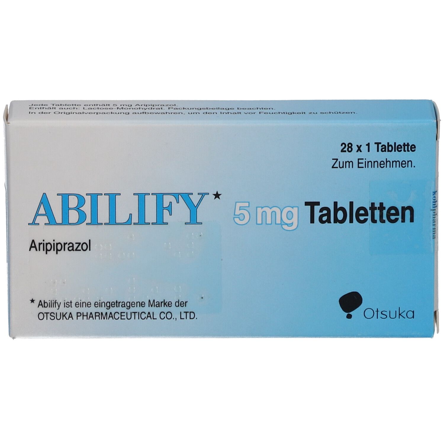 Schachtel mit ABILIFY 5 mg Tabletten. Aufschrift: 28 x 1 Tablette. Hersteller: Otsuka.