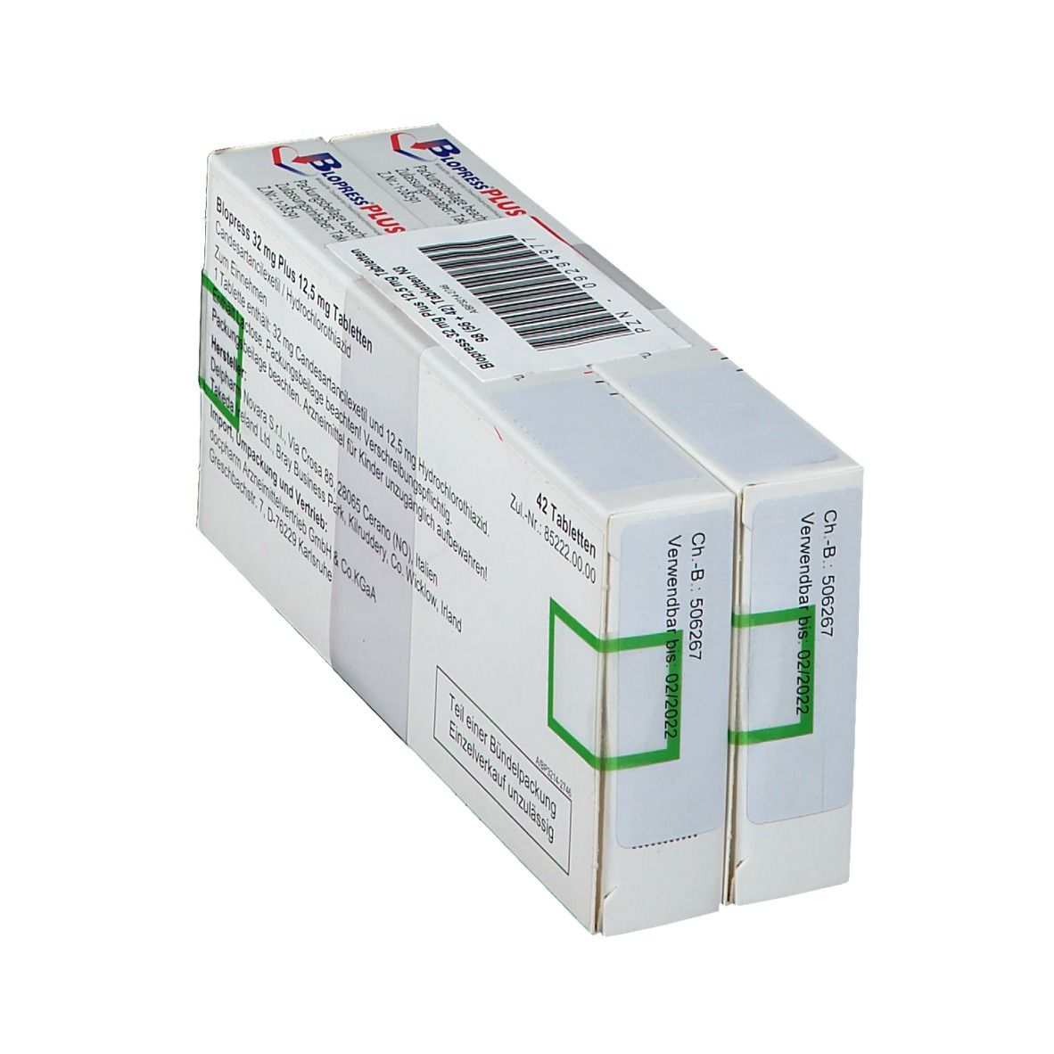 Blopress Plus-Packung, Ansicht von oben. Zwei weiße Kartons mit Produktinformationen. Chargen- und Verfallsdatum sichtbar. Enthält 42 Tabletten.