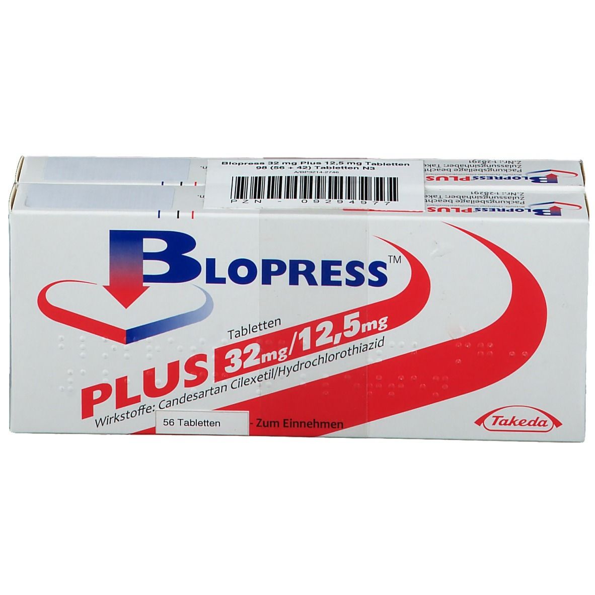 Blopress Plus 32 mg/12,5 mg Tabletten-Packung. Weißer Karton mit rotem Design und Produktinformationen. Enthält 56 Tabletten.
