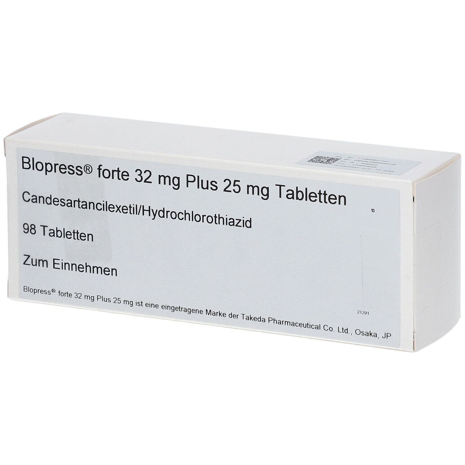 Weiße Tablettenbox mit Aufschrift Blopress forte 32 mg Plus 25 mg Tabletten. Enthält 98 Tabletten.