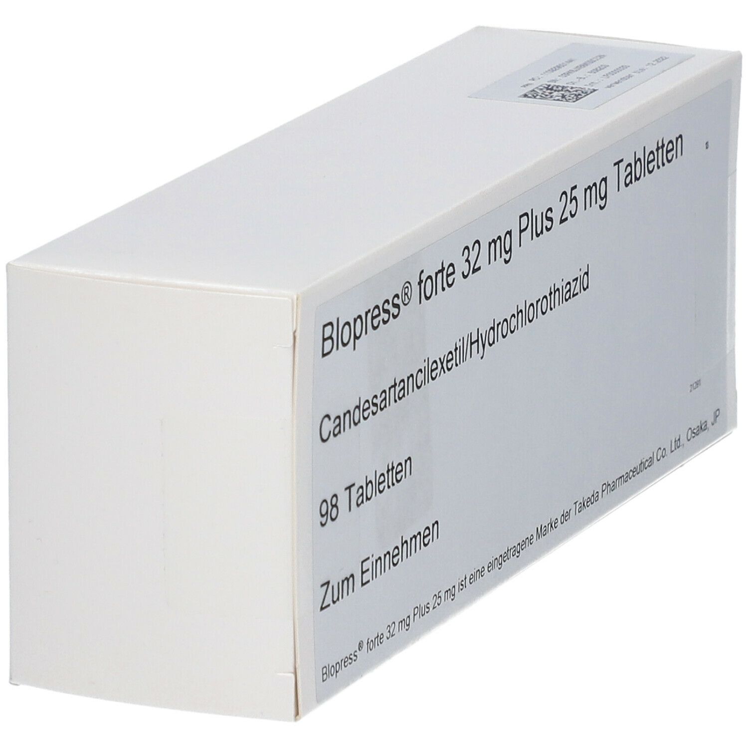 Weiße Tablettenbox mit Aufschrift Blopress forte 32 mg Plus 25 mg Tabletten. Schrägansicht.