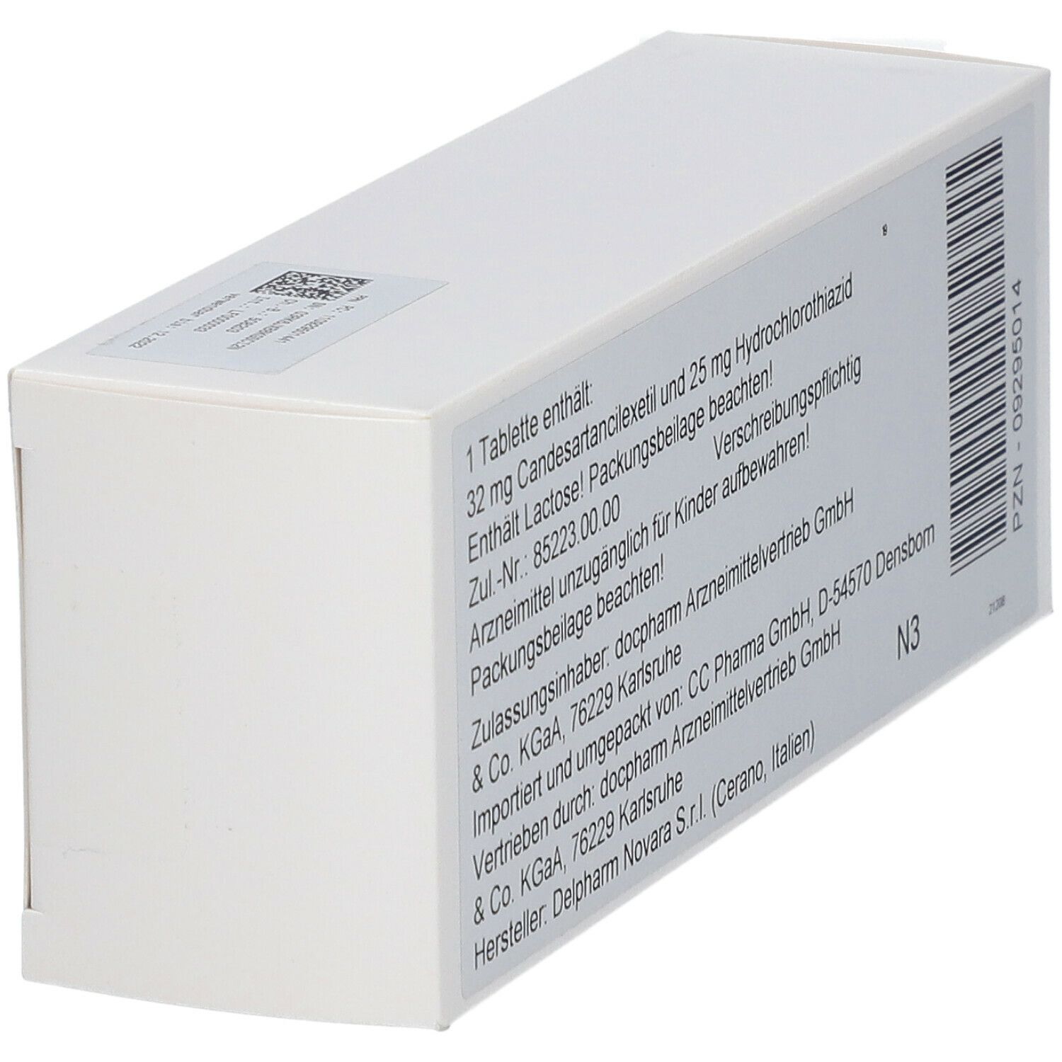 Weiße Tablettenbox mit Text und Barcode. Enthält Informationen zu Inhaltsstoffen und Hersteller.