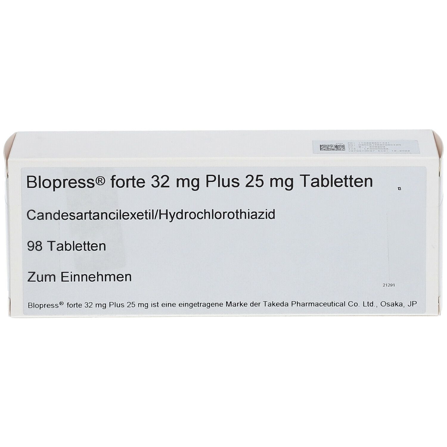 Weiße Tablettenbox mit Aufschrift Blopress forte 32 mg Plus 25 mg Tabletten. Enthält 98 Tabletten.