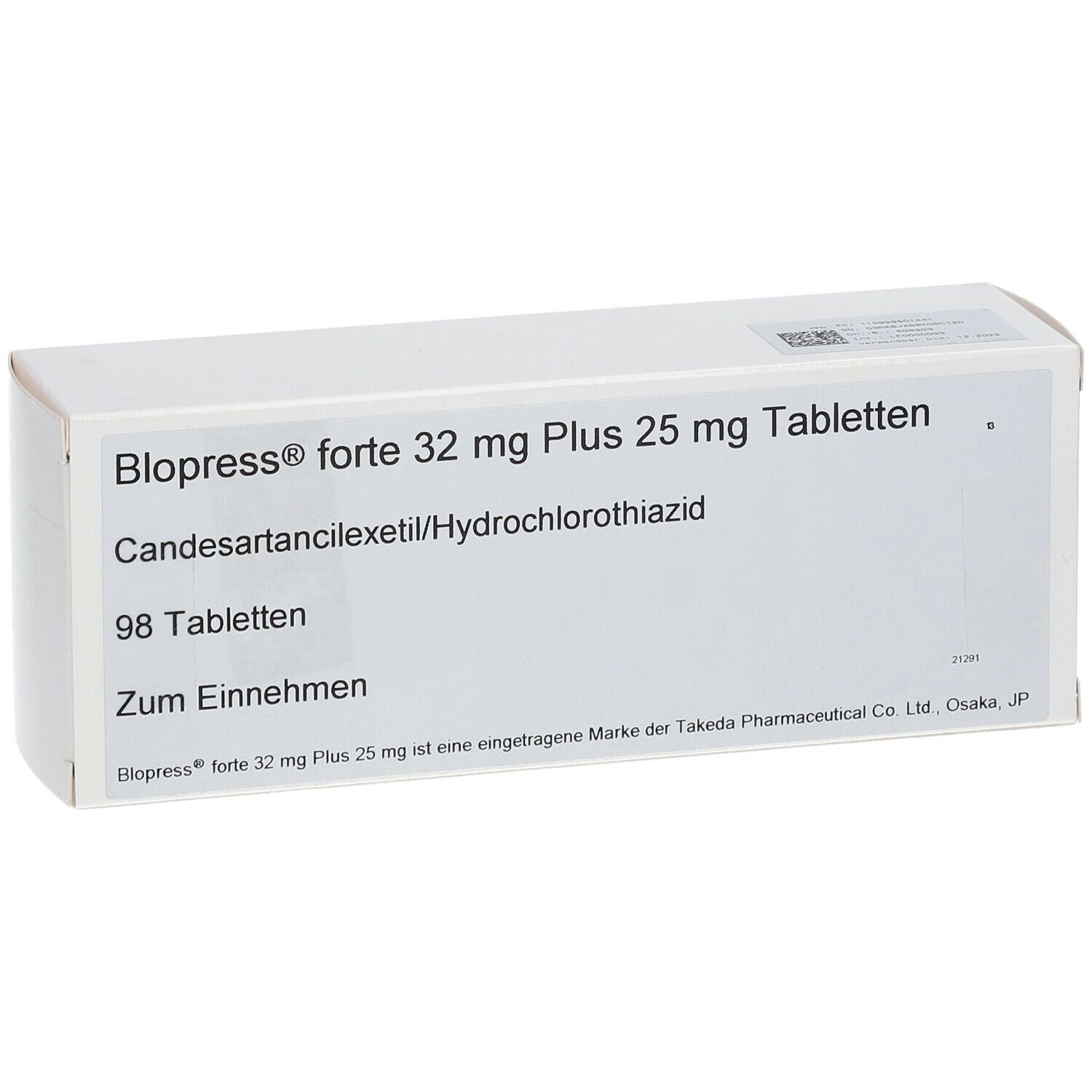 Weiße Tablettenbox mit Aufschrift Blopress forte 32 mg Plus 25 mg Tabletten. Enthält 98 Tabletten.
