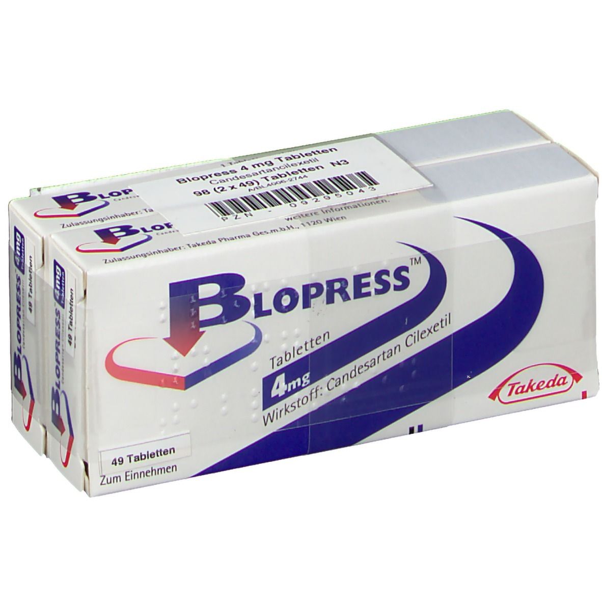 Blopress 4 mg Tabletten-Packung. Weißer Karton mit blauem Logo und rotem Herz. Enthält 49 Tabletten. Takeda-Logo.