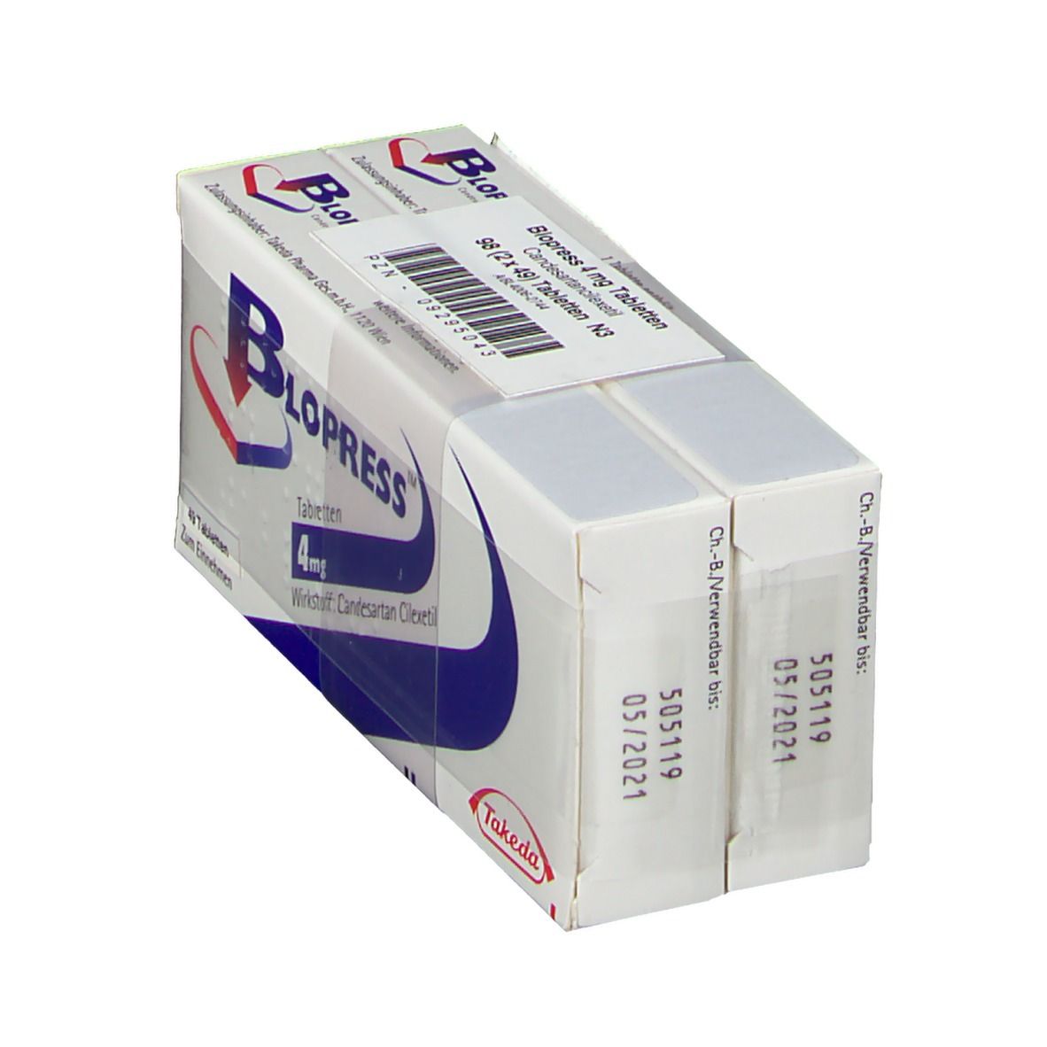 Blopress 4 mg Tabletten-Packung. Weißer Karton mit blauem Logo. Enthält 49 Tabletten. Verfallsdatum 05/2021.