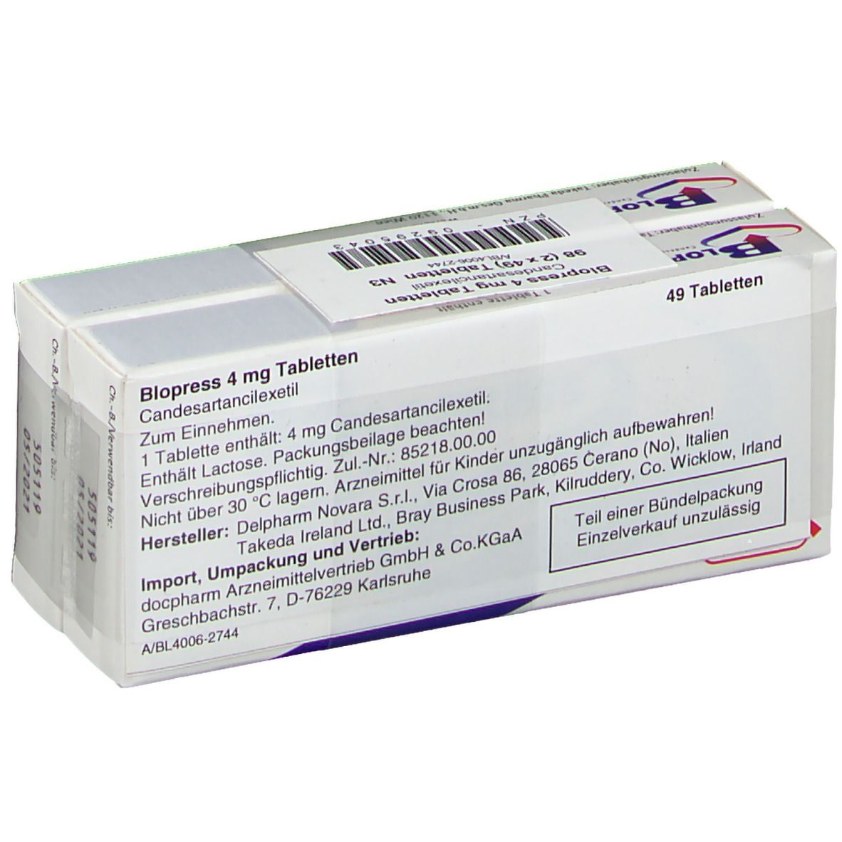Blopress 4 mg Tabletten-Packung. Rückseite der Packung mit Text. Enthält 49 Tabletten. Herstellerinformationen und Zulassungsnummer.