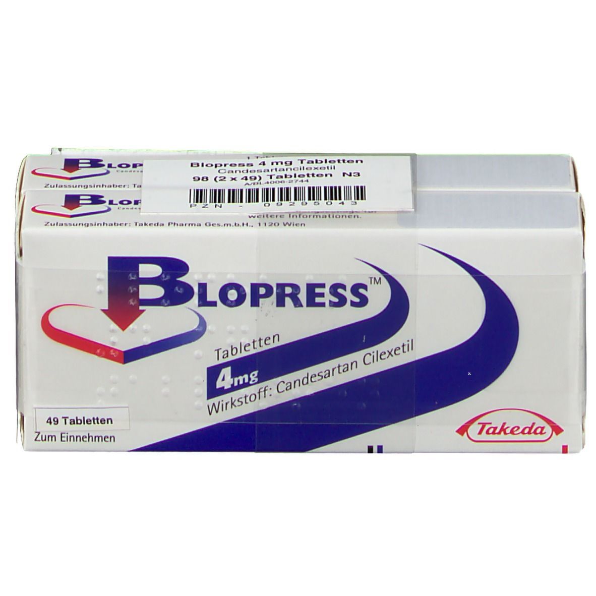 Blopress 4 mg Tabletten-Packung. Weißer Karton mit blauem Logo und rotem Herz. Enthält 49 Tabletten. Takeda-Logo.