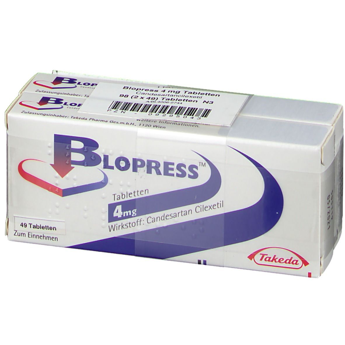 Blopress 4 mg Tabletten-Packung. Weißer Karton mit blauem Logo und rotem Herz. Enthält 49 Tabletten. Takeda-Logo.