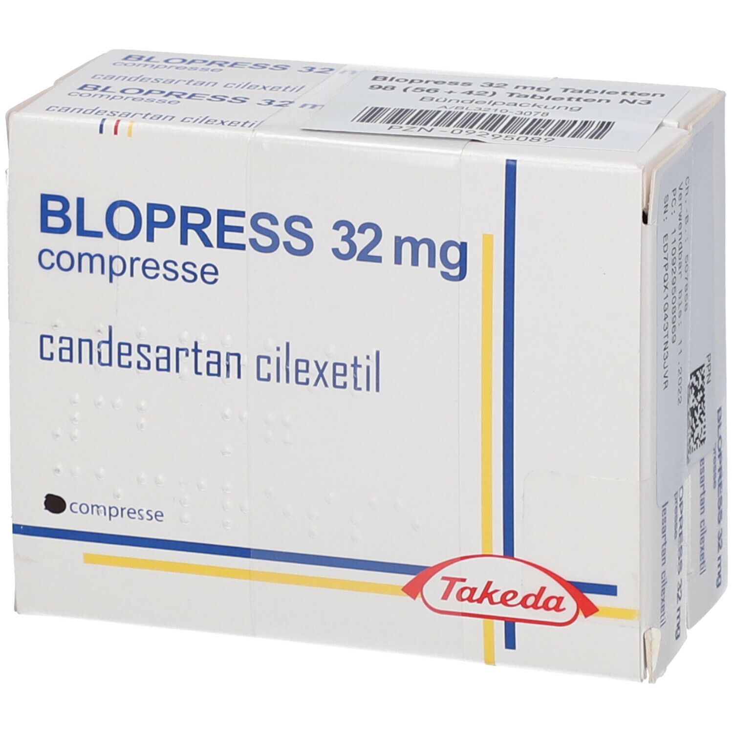 Blopress 32 mg Tabletten-Packung. Aufschrift: Blopress 32 mg, candesartan cilexetil. Takeda-Logo.