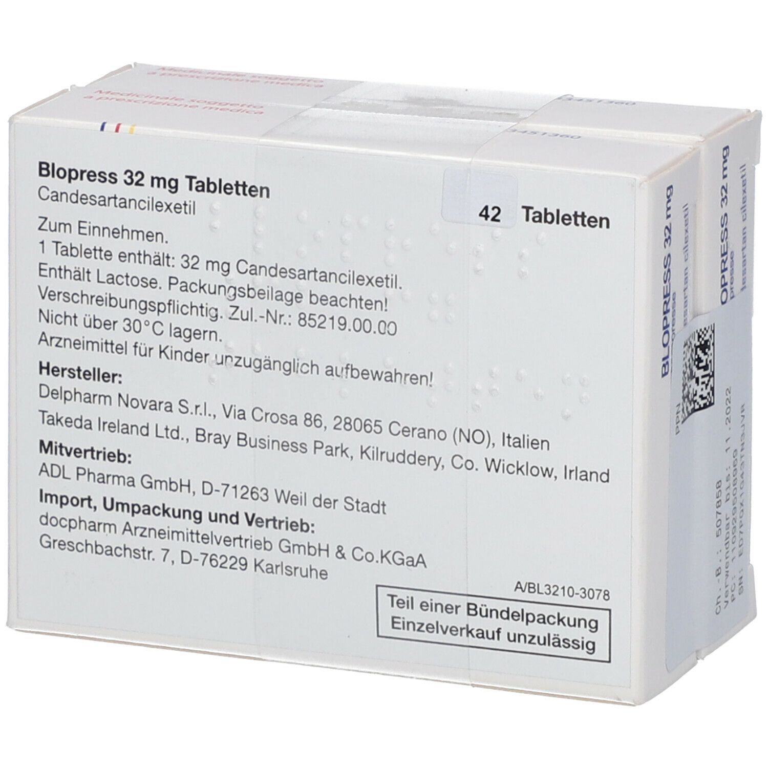 Rückseite einer Blopress 32 mg Tabletten-Packung. Enthält Informationen zu Inhaltsstoffen und Hersteller.