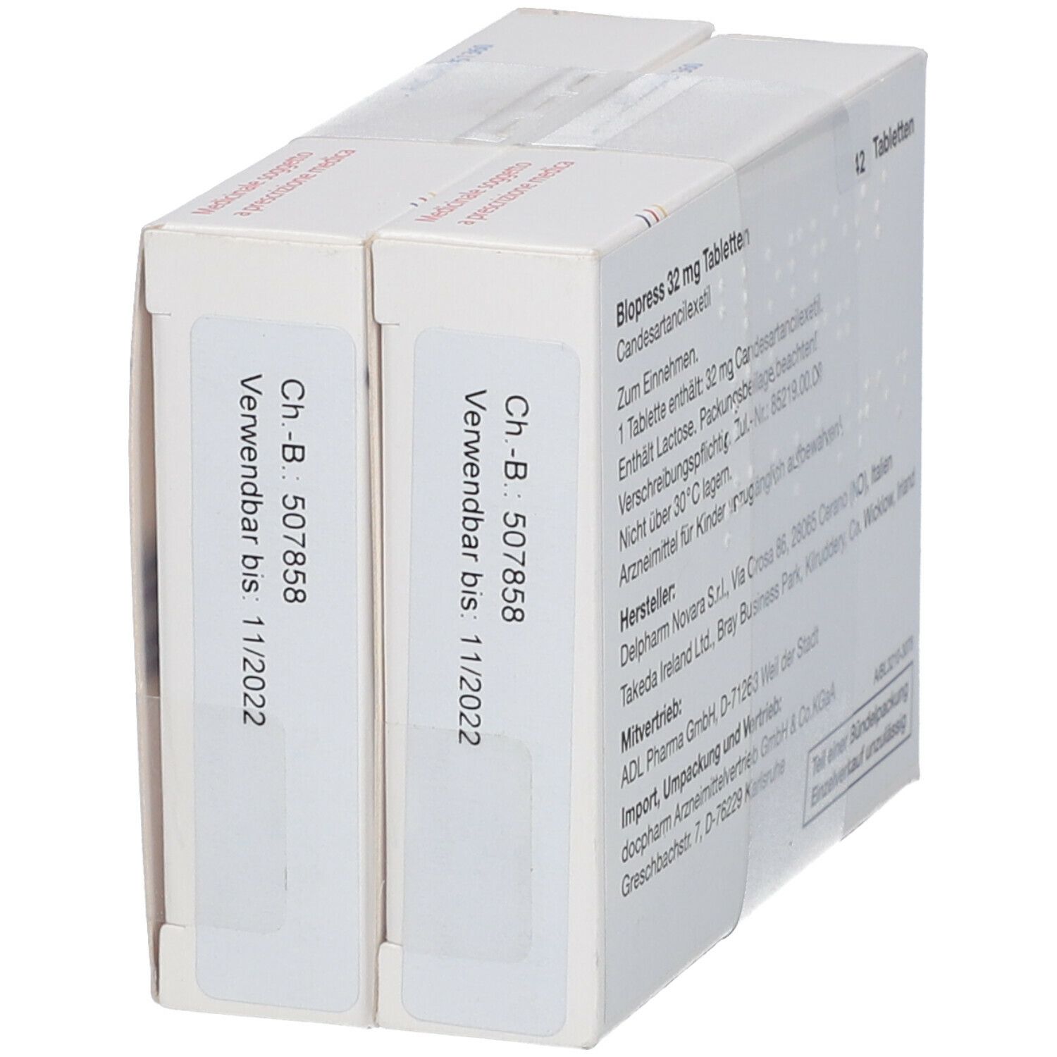 Zwei Blopress 32 mg Tabletten-Packungen. Rückseite mit Informationen zu Inhaltsstoffen und Hersteller.