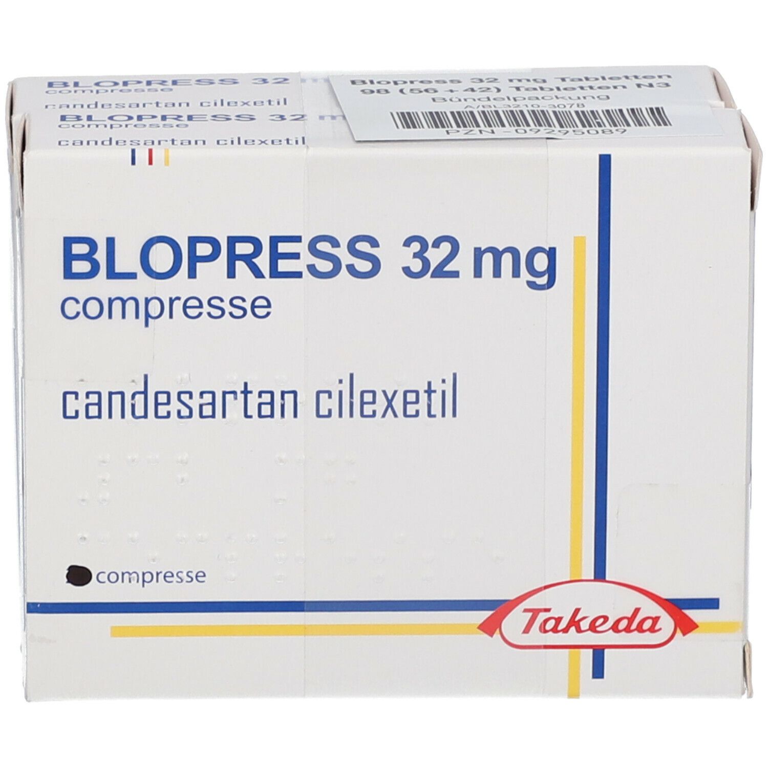 Blopress 32 mg Tabletten-Packung. Aufschrift: Blopress 32 mg, candesartan cilexetil. Takeda-Logo.